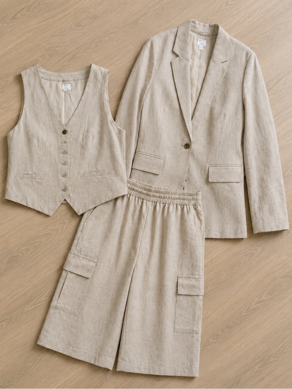 NWOT 3 Piece Suit - A New Day Linen Cargo Skirt, Waistcoat and Blazer in Oatmeal